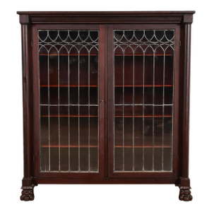 R. J. Horner Style Antique American Empire Carved Mahogany Leaded Glass Front Double Bookcase Cabinet, Circa 1890s
