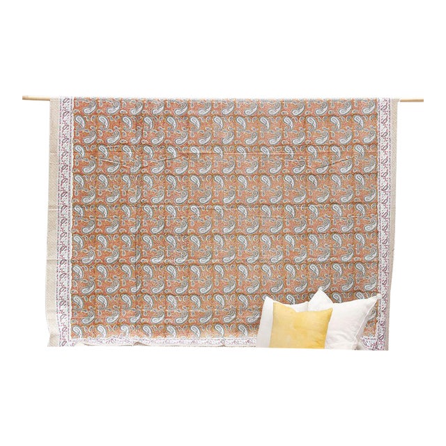 Teal Paisley, Hand Blockprint Cotton Coverlet For Sale