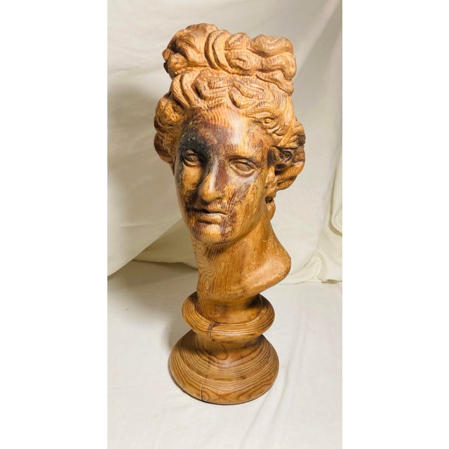 Classical hand carved bust of Apollo in pine beautiful graining throughout the wood