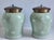 Decorative large scale celadon ceramic ginger jars by Lillian August. Featuring a beautiful enamel painted scrolling motif...