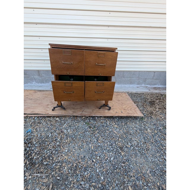 Antique Oak Four-Drawer Filing Cabinet on Cast Iron Casters, Circa 1900–1920 For Sale - Image 9 of 12
