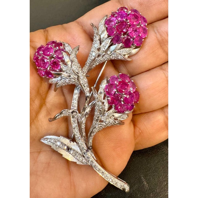 Vintage 14 Kt White Gold Diamond & 18 Ct Pink Sapp Floral Bouquet Broach 30.4 GM For Sale - Image 17 of 18