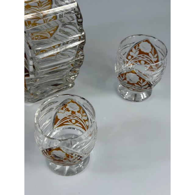 Art Deco Amber Overlay Cut Crystal Decanter & Cordial Glasses, 1930s, Set of 5 For Sale - Image 9 of 17