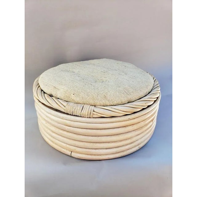 Contemporary 1980s Whitewashed Rattan Round Footstool With Tufted Cushion For Sale - Image 3 of 6