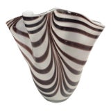 Vinatge MCM Murano Fazzoletto White Brown Swirl Art Glass Vase For Sale