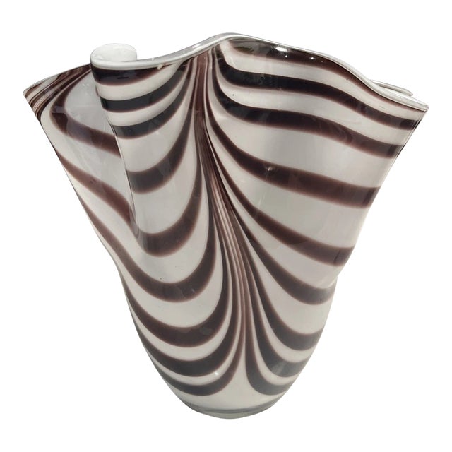 Vinatge MCM Murano Fazzoletto White Brown Swirl Art Glass Vase For Sale