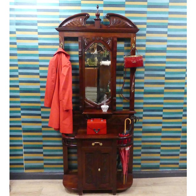 Antique Art Nouveau Mahogany Wardrobe with Beveled Mirror, Chest of Drawers, and Umbrella Stand, 1920s For Sale - Image 3 of 18