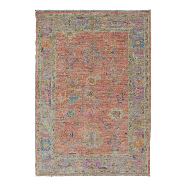 Hand Knotted Turkish Floral Oushak With Orange Background and Lilac Border 4'0 X 6'0 For Sale