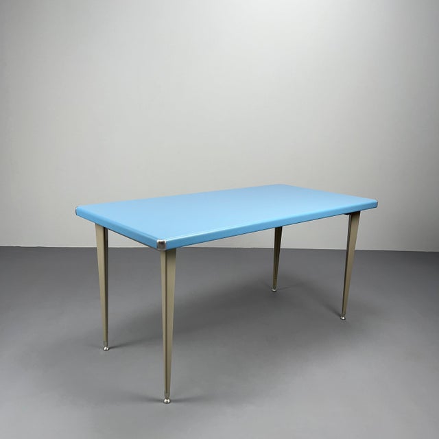 Pastel Blue Metal Desk with Grey Legs by Georg Leowald for Pohlschröder, Germany, 1950s For Sale - Image 9 of 9