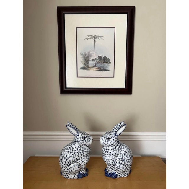 Traditional Late 20th Century Large Herend-Style Fishnet Bunny Rabbit Figurines Blue Hand Painted, a Pair For Sale - Image 3 of 9
