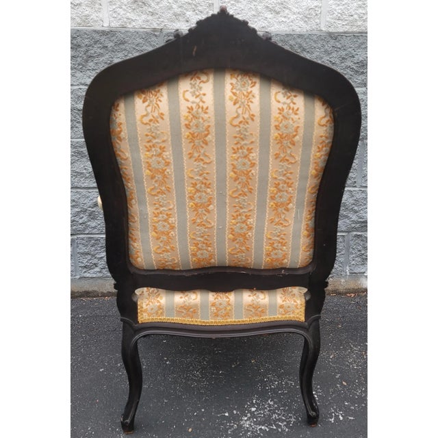 Pair of 1890s Louis XV Carved, Ebonized and Upholstered Bergere Arm Chairs For Sale - Image 10 of 11