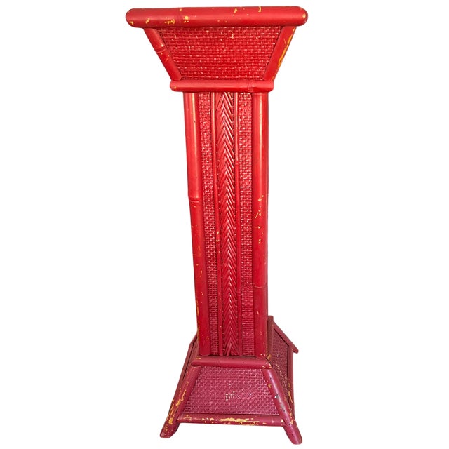 English Vintage Red Painted Bamboo & Woven Rattan Pedestal Plant Stand – Sister Parish Style For Sale - Image 3 of 8