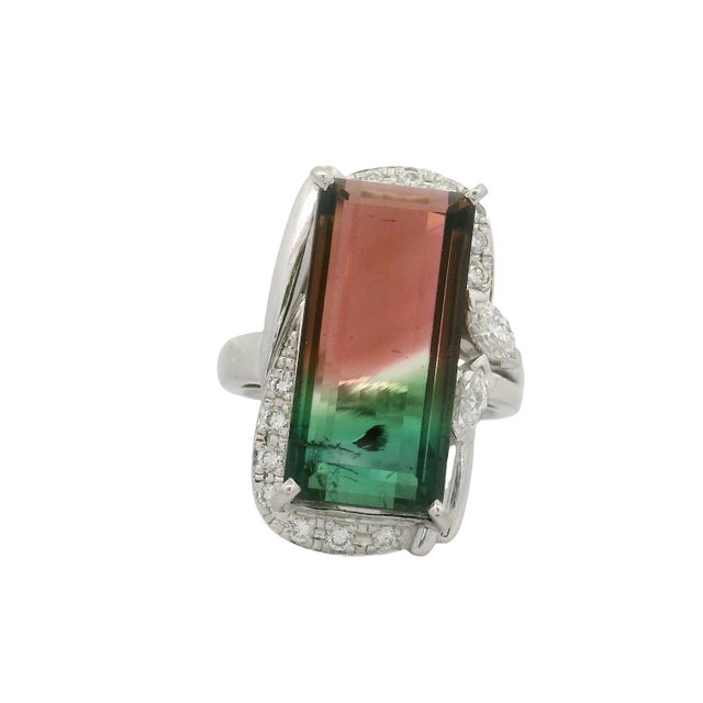 13.48 Carat Watermelon Tourmaline Diamond Platinum, Size 6.75 For Sale In Los Angeles - Image 6 of 9