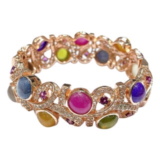 Bochic “Capri” Vintage Ruby & Multi Sapphire Cuff Set In 18K Gold & Silver For Sale