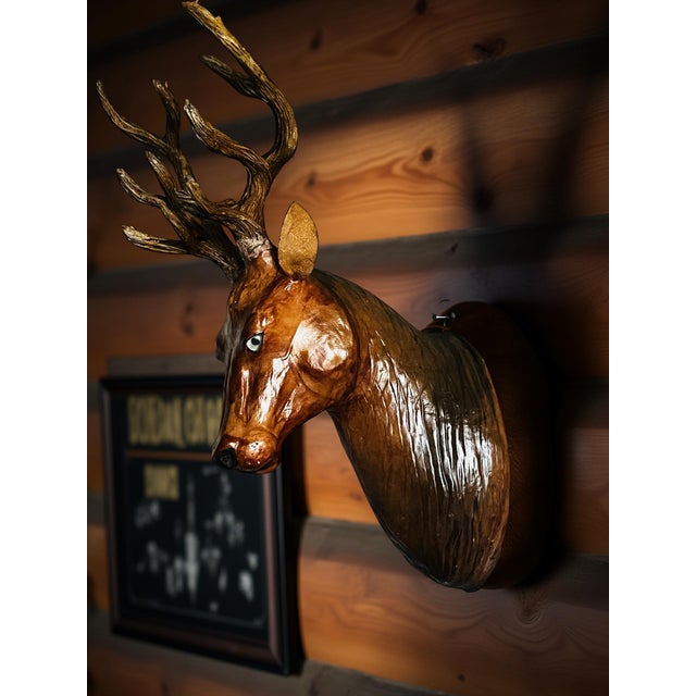 1960s Hanging Stag Head Leather Deer Head Wall Mounted Sculpture Wall Decor For Sale - Image 10 of 10