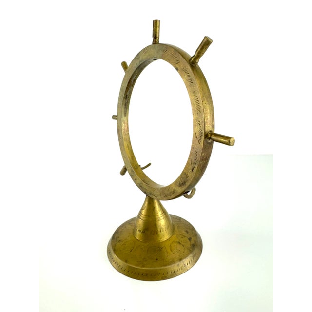 Brass Mid 20th Century Brass Ship Wheel With Hand-Etched Detail For Sale - Image 8 of 14