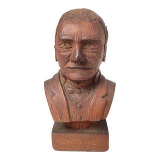 Antique Primitive Hand-Carved Folk Art Solid Wood Bust For Sale
