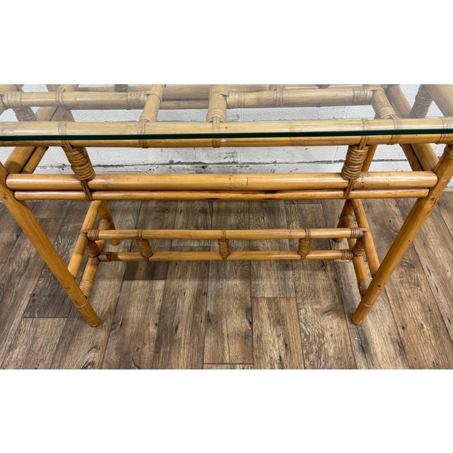 Wood Vintage MCM Coastal Boho Style Sculpted Rattan Bamboo Glass Top Console Table For Sale - Image 7 of 9