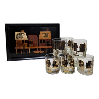 1950s Mid Century Modern Couroc Monterey Fish Rocks Glasses Set of 8 With Tray For Sale