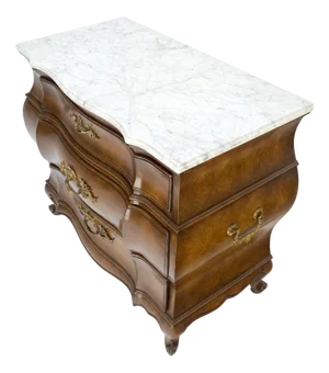 Italian Bombay Style Burl Wood 3 Drawer Marble Top Console Dresser Chest