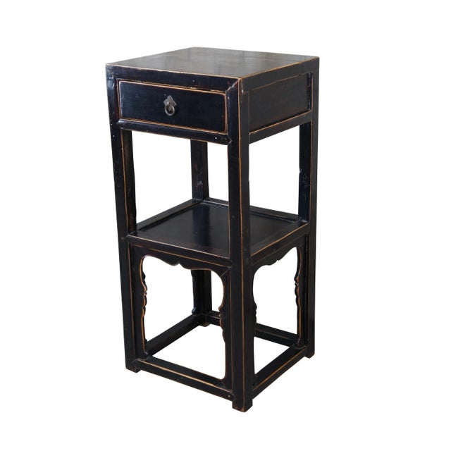 Chinese Late 19th Century Antique Chinese Qing Dynasty Black Lacquer Elm Tiered Side Table Pedestal Stand For Sale - Image 3 of 11