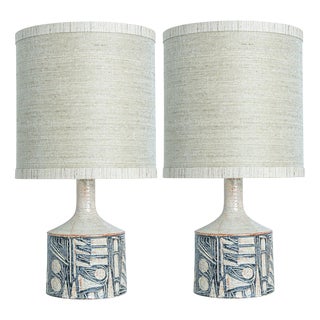 Grey Ceramic Table Lamps with Silk Shades from Soholm, Denmark, 1960s, Set of 2 For Sale