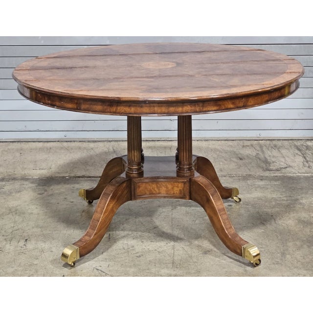 Store Item: Theodore Alexander Regency Style Flame Mahogany Round Expanding Dining Table Description: Beautiful Burl...
