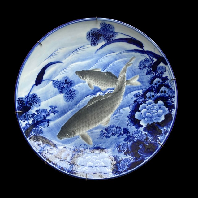 Large Blue & White Porcelain Carp Plate, Japan, 1880s For Sale - Image 3 of 15