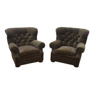Pair Ralph Lauren Upholstered Writers Arm Chairs For Sale