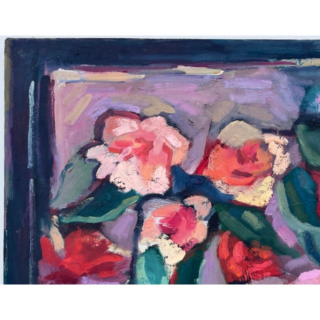 This is a beautiful abstract still life of red, yellow, orange, and lavender garden-picked roses surrounded by hues of...