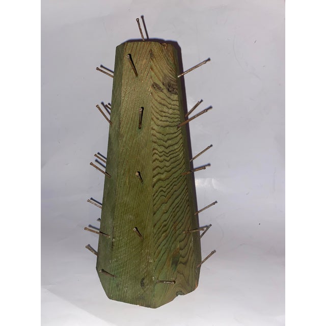 1920s 1920s Colonial Williamsburg Apple Tree Cone Centerpiece Wood Fruit Cone Vintage Brutalist Art. Handmade Green-Painted Wooden Cone Hammered Nails. For Sale - Image 5 of 10