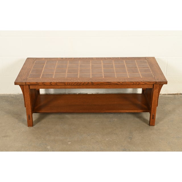 L. & J.G. Stickley, Inc. Stickley Mission Oak Arts & Crafts Two-Tier Tile Top Spindle Coffee Table For Sale - Image 4 of 15