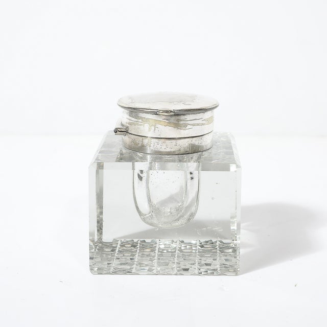 Cross Pen Company Art Deco Cut Crystal & Silver Plate Inkwell Signed Cross For Sale - Image 4 of 10