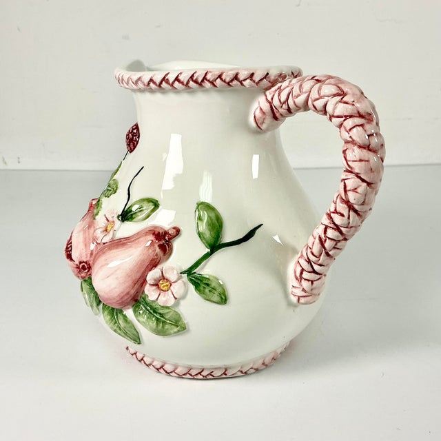 1970s Vintage Boho Chic Coastal English Garden Pomegranate and Raspberry Ceramic Pitcher. For Sale - Image 6 of 13
