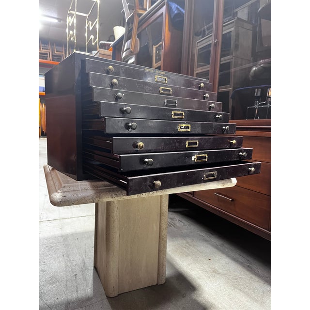 Antique metal watchmaker’s cabinet or storage with eight drawers. By E & J Swigart Co. This is a lot of (5) metal drawer...