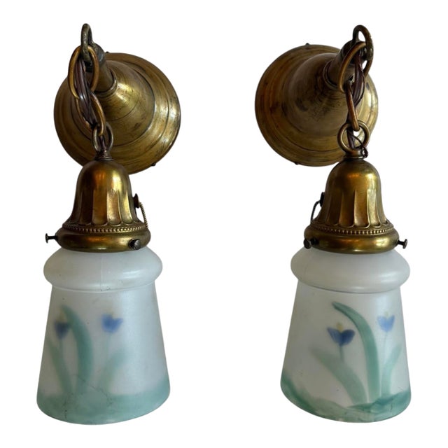 Antique Traditional Reverse Painted Flower Wall Sconces Circa 1920’s - a Pair For Sale