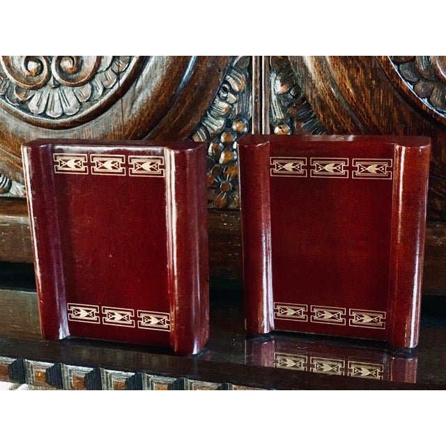 Vintage 1960’s Leather Bookends With Debossed Gold Accents- a Pair For Sale - Image 10 of 11