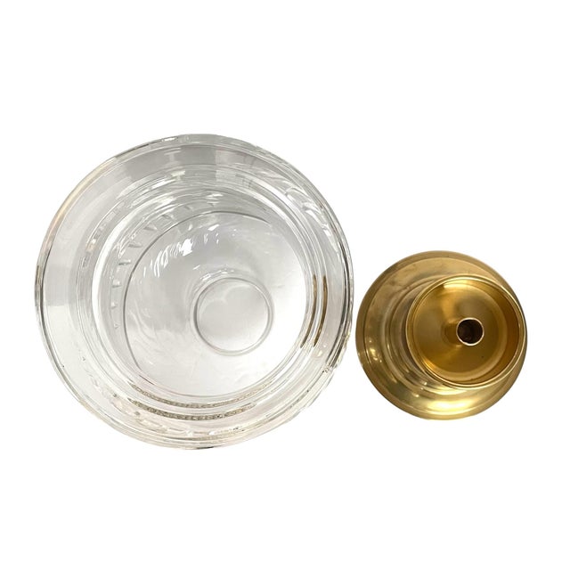 Late 20th Century Ralph Lauren-Style Etched Crystal and Heavy Brass Base Hurricane Lamp 15x9” For Sale - Image 5 of 7