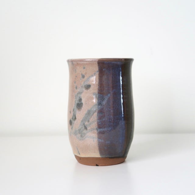 Signed Handmade Ceramic Studio Pottery Tumbler Shaped Vessel With Abstract Brushwork & Variegated Glaze For Sale - Image 9 of 16