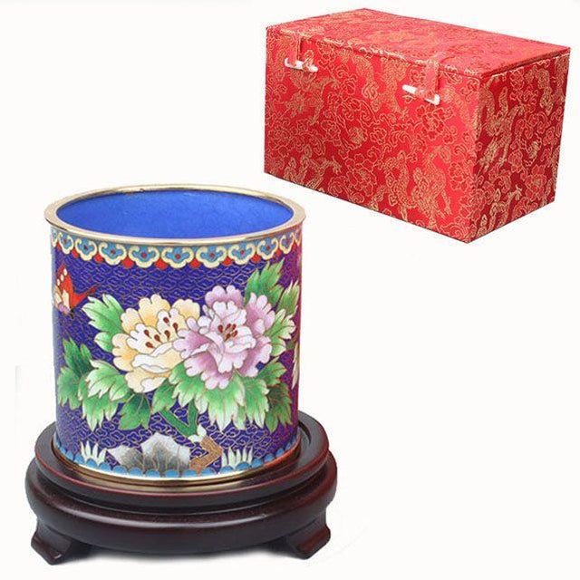 Vintage Cloisonné Enamel Brush Pot / Pen Holder – Peony & Butterfly Motif, With Wood Stand & Box For Sale - Image 10 of 10