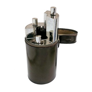 Vintage Ahs Circular Leather Travel Bar Set With Curved Flasks, Made in Germany- 4 Pieces For Sale