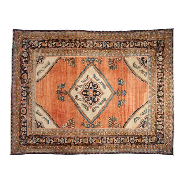 1940s Vintage Persian Lilihan Diamond Medallion Wool Carpet For Sale