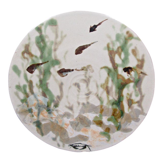 1970s Signed Abstract Fish Studio Pottery Decorative Plate For Sale