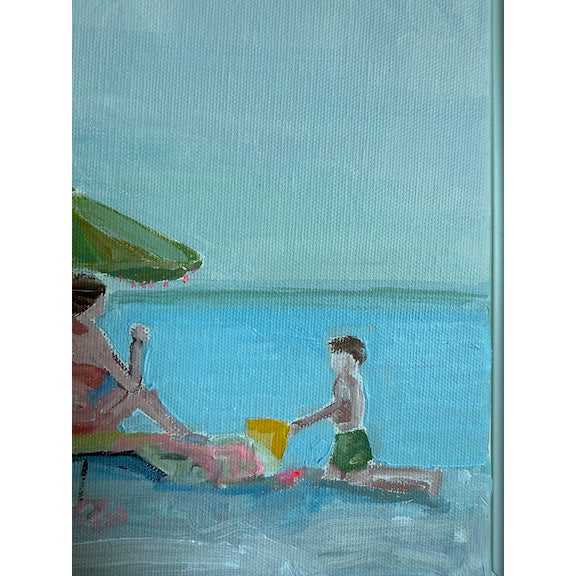 Wonderful beach scene of woman and child enjoying the day in the sun by Julie Magardino. Bright colored beach umbrellas...