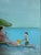 Wonderful beach scene of woman and child enjoying the day in the sun by Julie Magardino. Bright colored beach umbrellas...