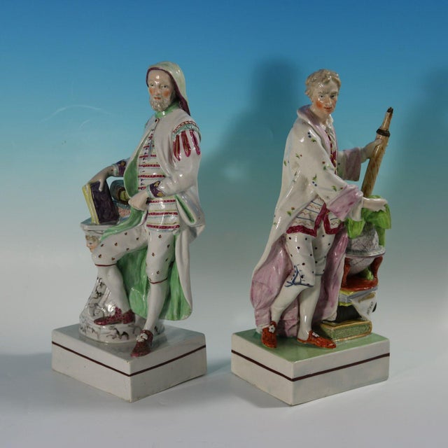 Pair of Wood Family Staffordshire pearlware figures of Geoffrey Chaucer and Sir Isaac Newton, circa 1800. Each figure is...