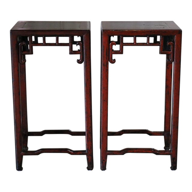 Chinese Red Lacquer Flower Stand W/ Stone Top - a Pair For Sale