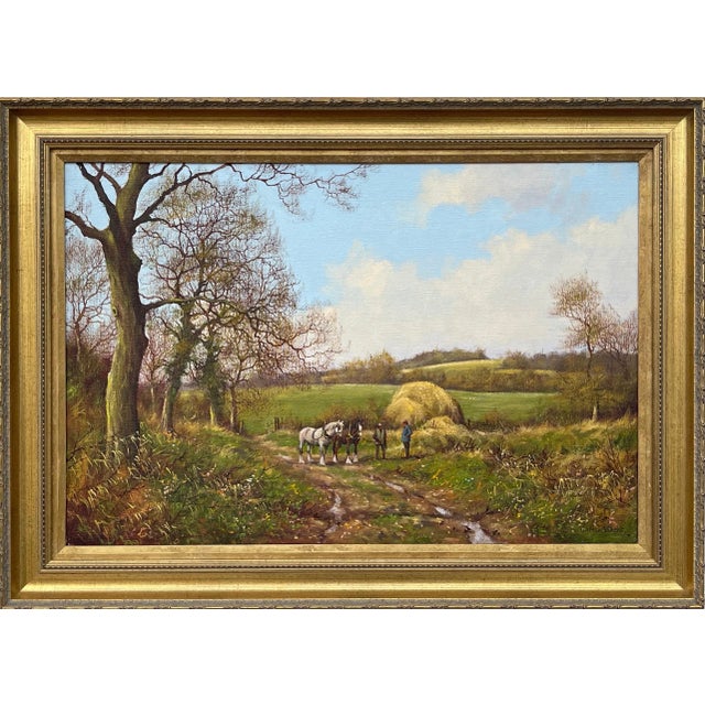 James Wright Horses with Ploughmen in the English Countryside by Realist Landscape Artist 1990 Circa For Sale - Image 13 of 13