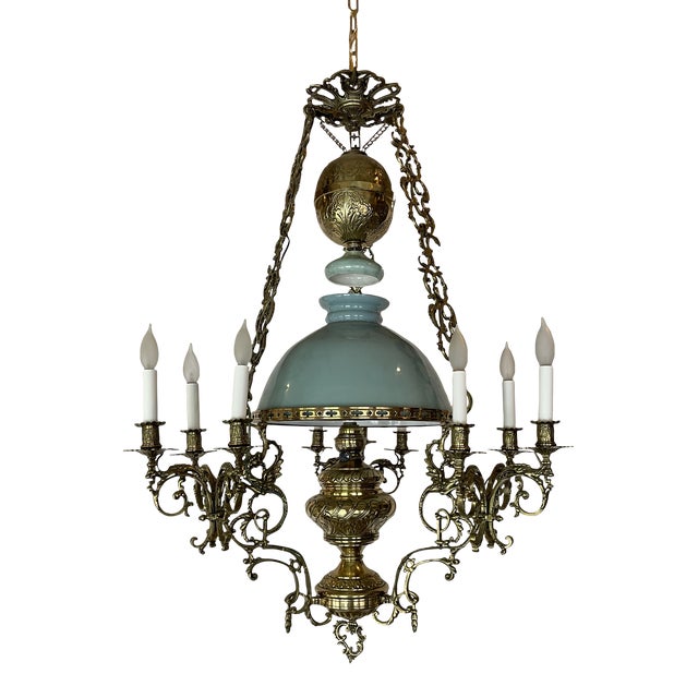 1890's French Large Blue & Brass Chandelier For Sale
