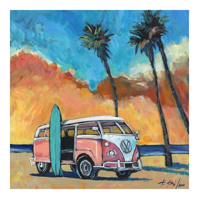Sunset Vw Van - Original California Beach Acrylic Painting on Canvas by Kathleen Keifer For Sale